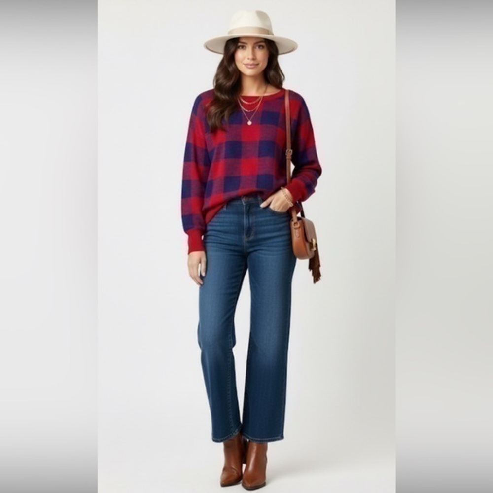 Canyon River Vintage Blue & Red Checkered Crewneck Light Sweater